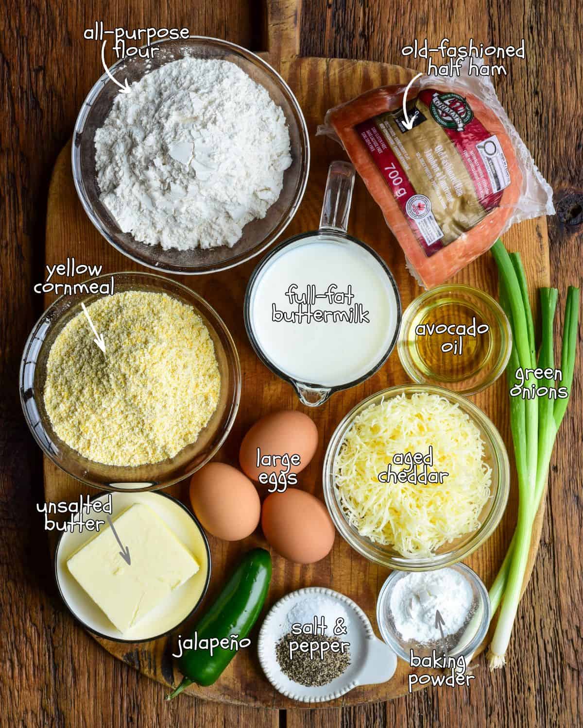 Ingredients for a cornmeal waffles recipe.
