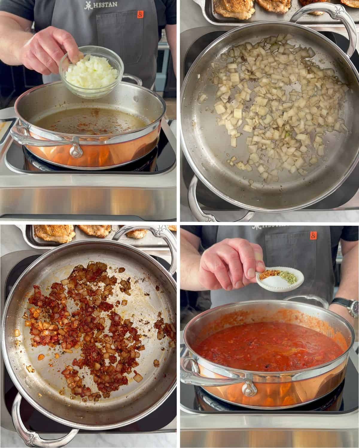 Build the braising sauce for the chicken parm thighs.