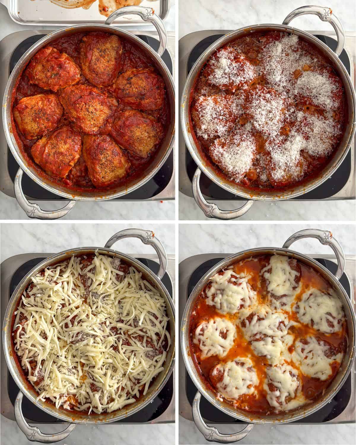 Add the cheese over the chicken Parmesan thighs to melt.