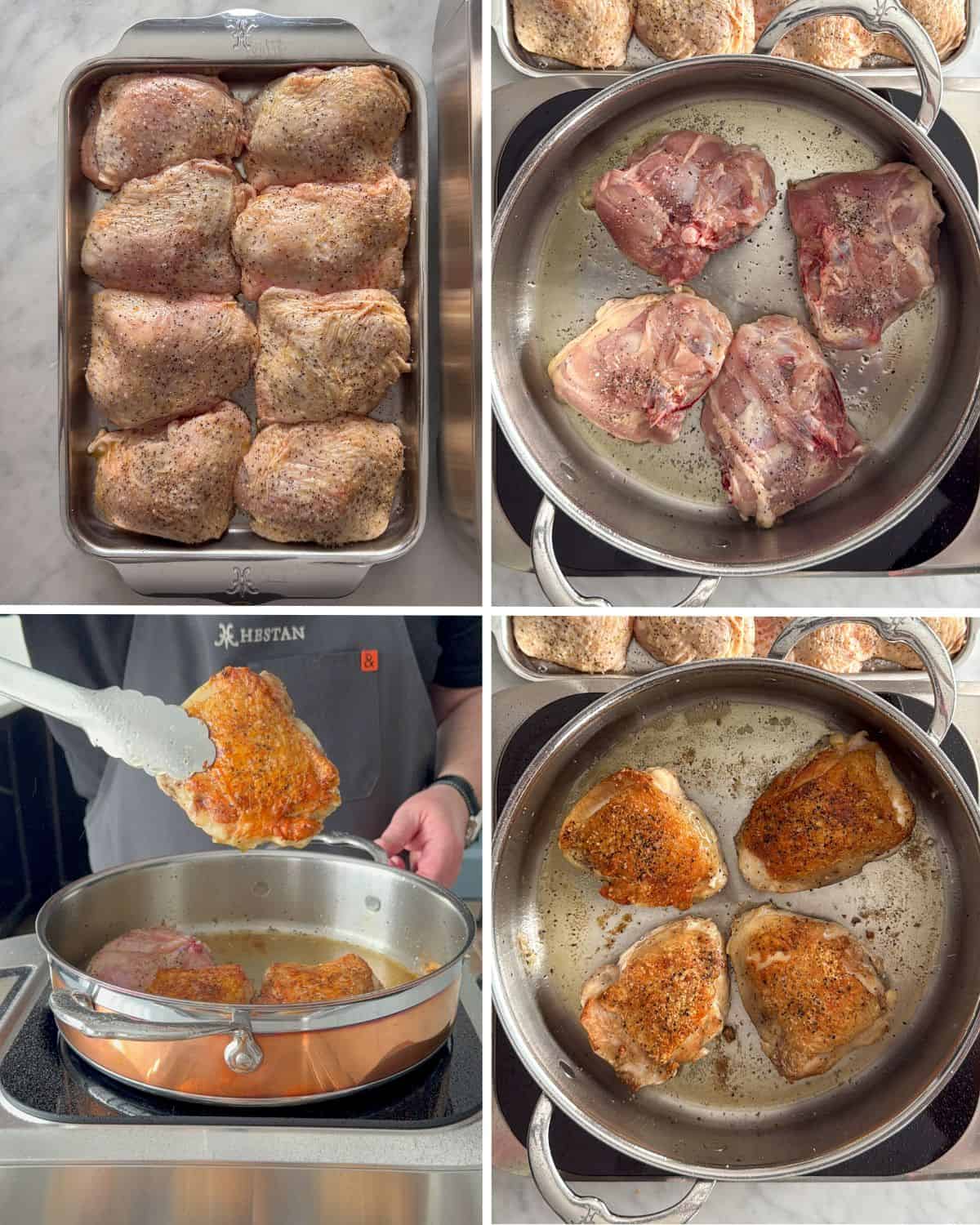 This shows the stages of searing chicken thighs, four at a time.