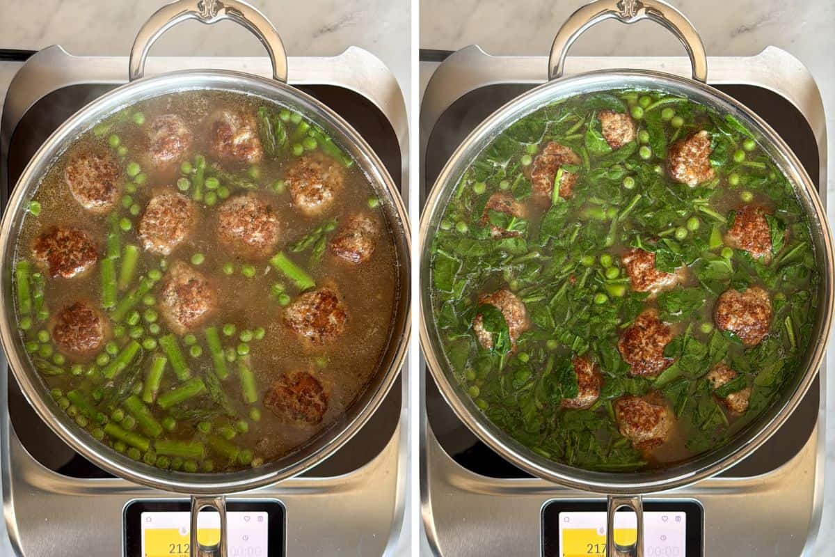 Add the asparagus, peas and spinach to the saute pan.
