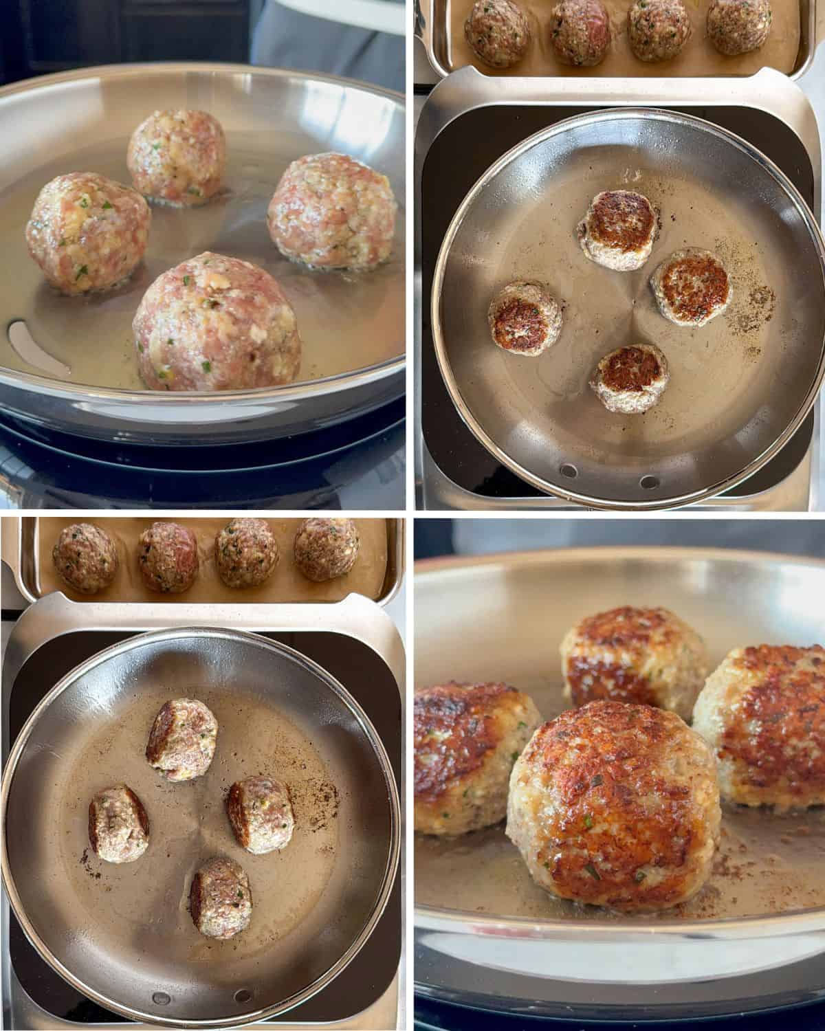 Sear the meatballs. The goal of the sear is just to develop a golden crust and set the shape.