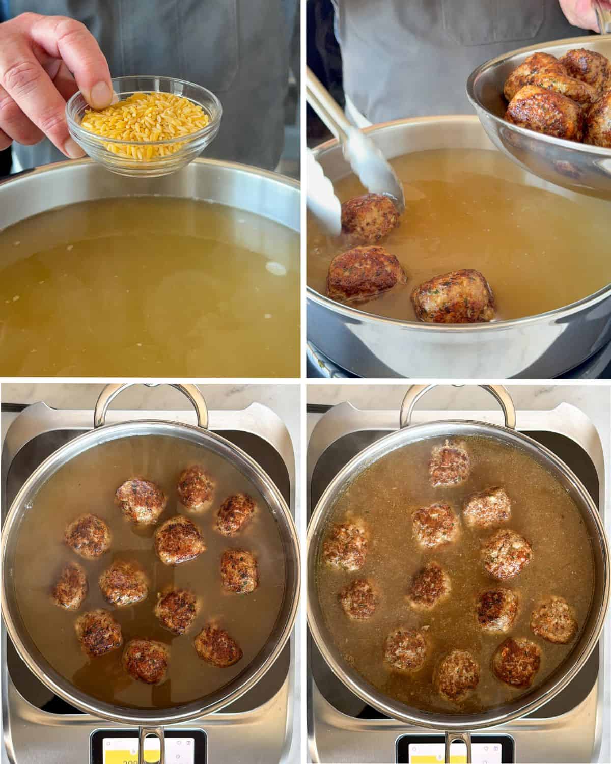 Add the orzo and simmer with the chicken ricotta meatballs.