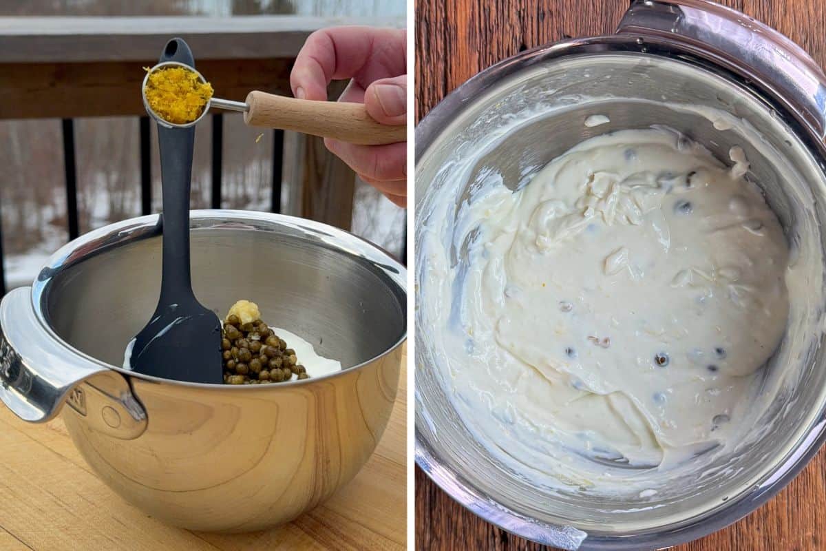 Mix the ingredients for the green peppercorn sauce for steak.