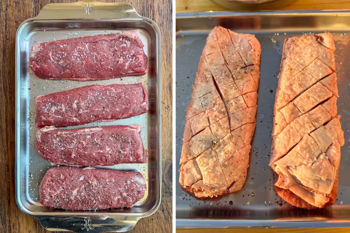 Four seasoned and scored lamb steaks.