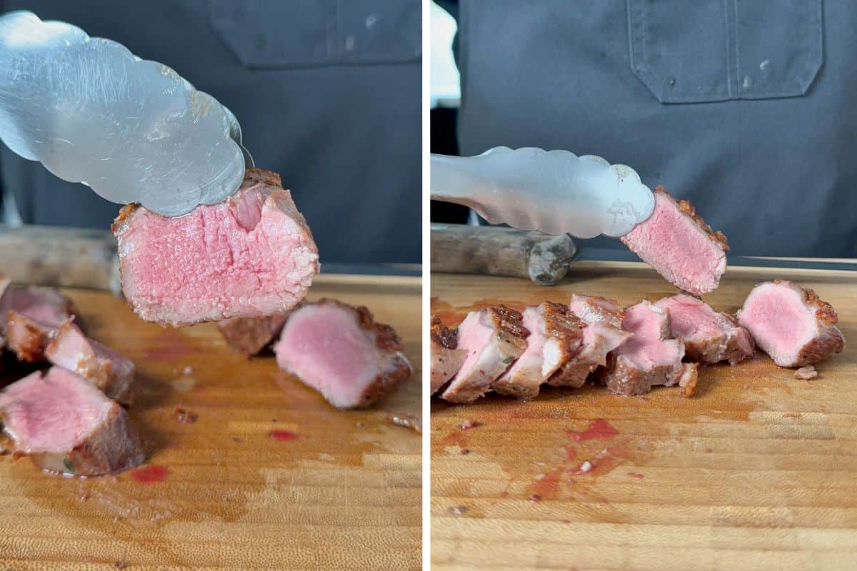 Slice the lamb steaks against the grain.