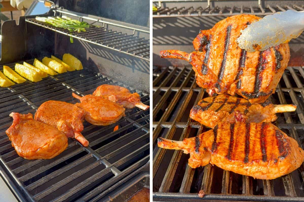 Grill the chili lime pork chops until grill marks appear.