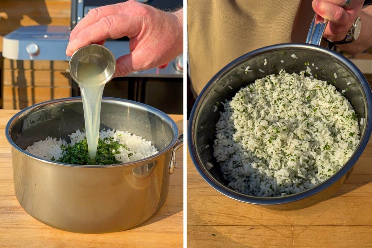 Finish off the jasmine rice with herbs and lime juice.