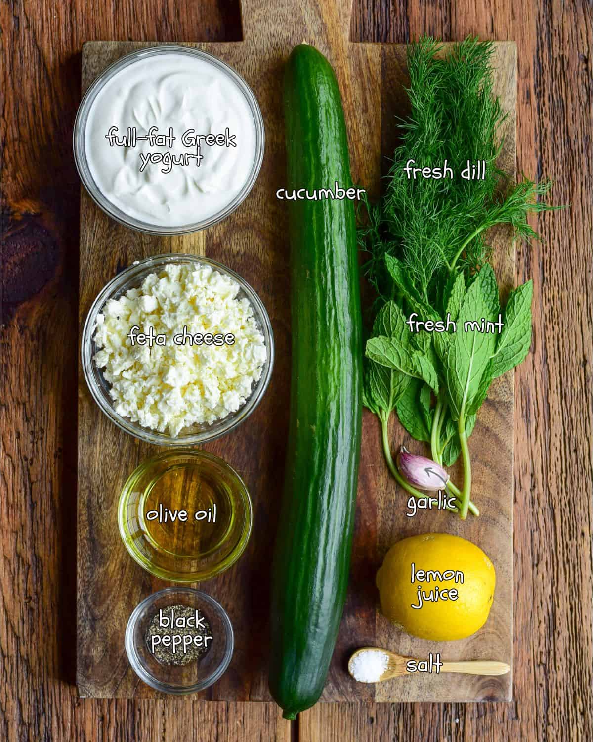 Ingredients for Creamy Whipped Feta Tzatziki.