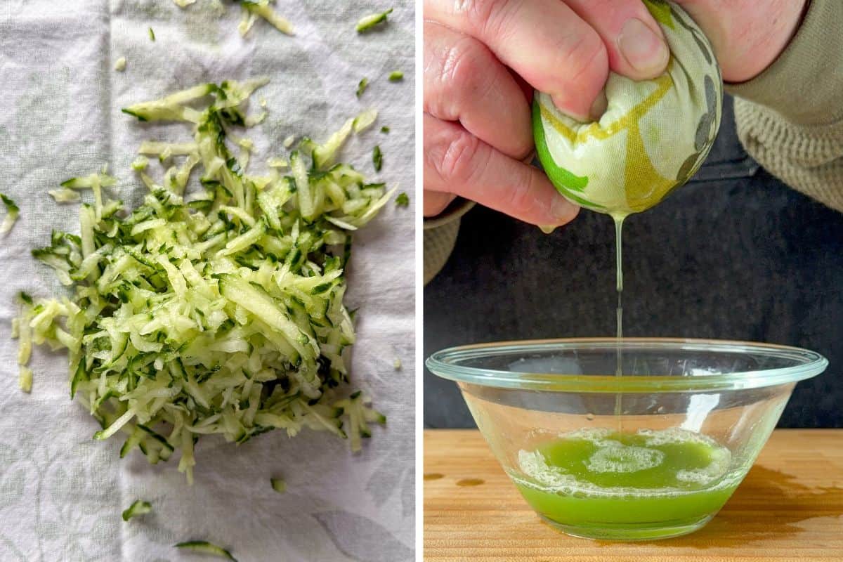 Place the grated cucumber in a clean kitchen towel and squeeze with all your might to remove every drop of liquid.