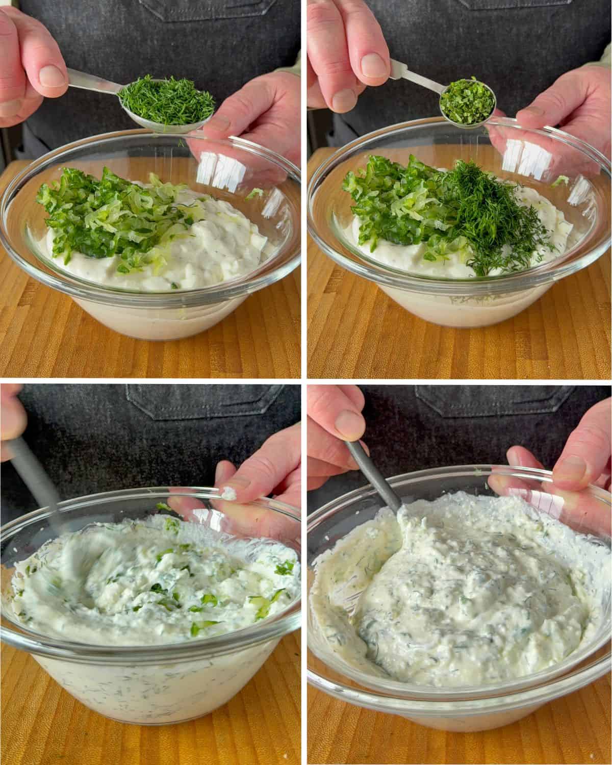 Transfer the mixture to a bowl and fold in the dried cucumber, dill, and mint.