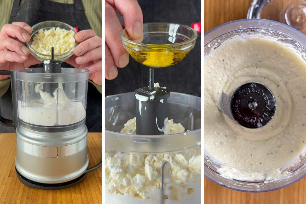 In a food processor, blend the Greek yogurt, feta, garlic, olive oil, 1 teaspoon of lemon juice, and black pepper until smooth and thick.