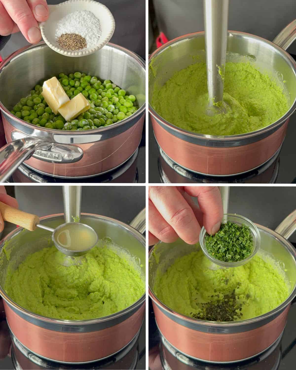 Make and blend the pea purée for the crispy skin salmon.