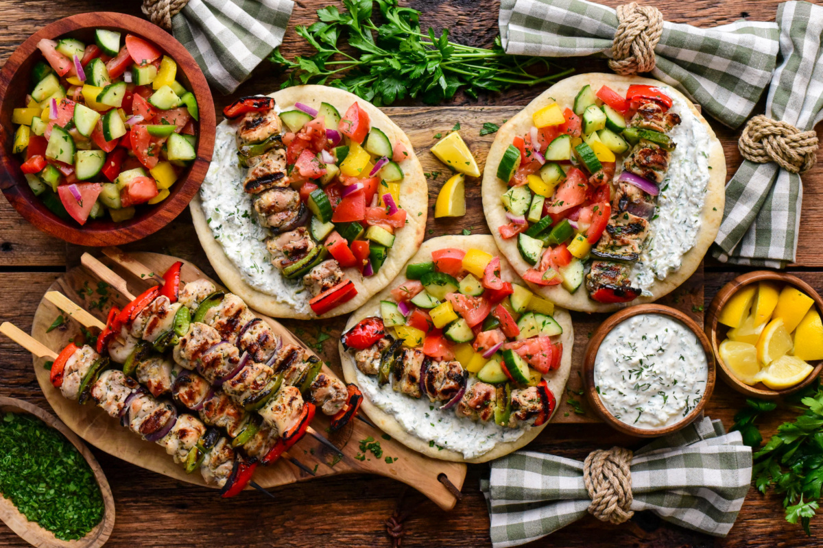 Three loaded chicken souvlaki pitas served with whipped feta tzatziki and a greenhouse salad.