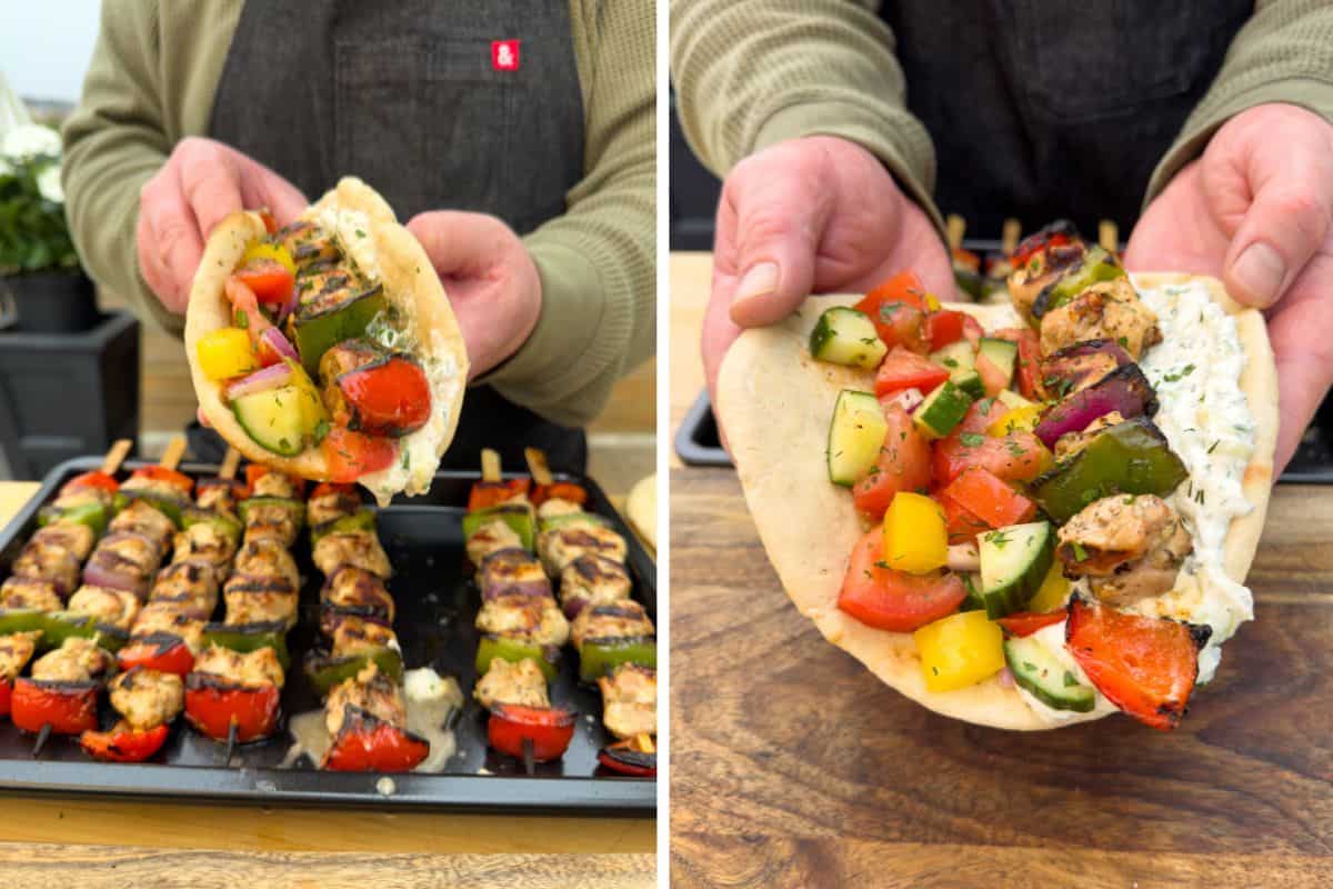 Warm the pitas on the grill for about 20 seconds per side. Slather with tzatziki, then slide the chicken and grilled veggies off the skewers and onto the bread. Top with the fresh greenhouse salad and an extra squeeze of lemon.