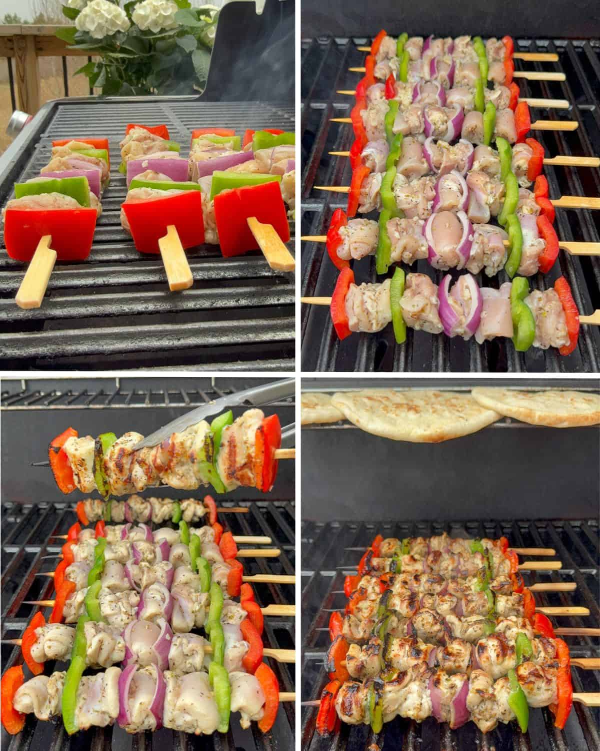 Place the skewers on the grill to grill. Keep the naan bread warm on the warming rack.