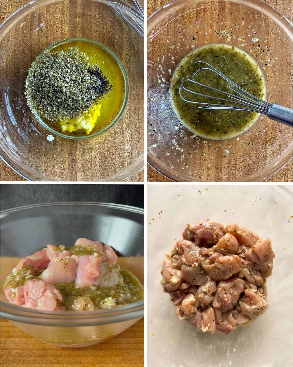 Make the souvlaki marinade and pour it over the pieces of chicken thighs.