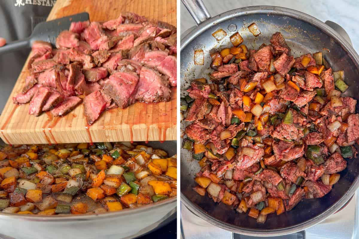 Stir the steak into the sauteed vegetables.