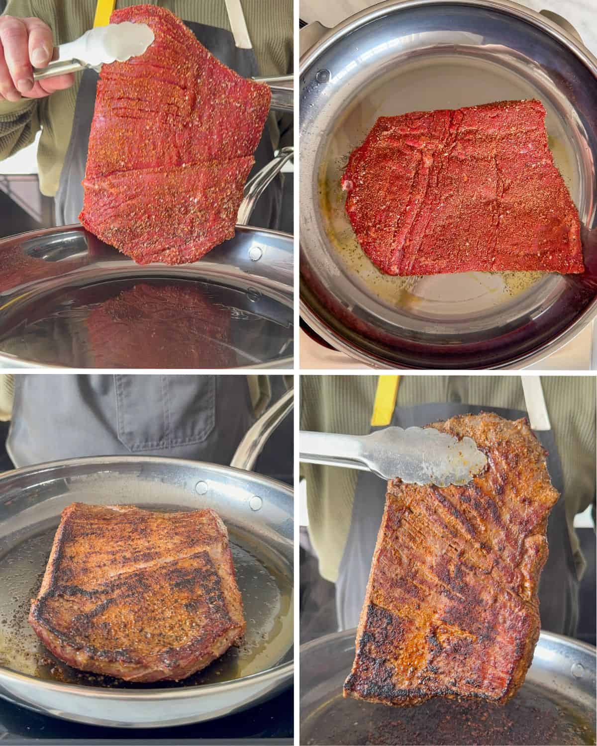 Sear the flank steak in a skillet on both sides.