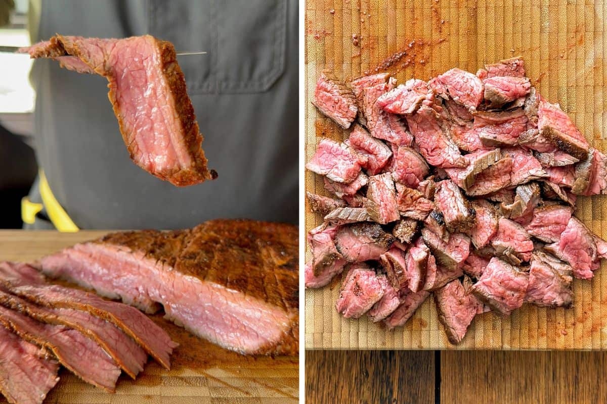 Slice the flank steak across the grain into strips, then cut into smaller 1 ½" pieces.