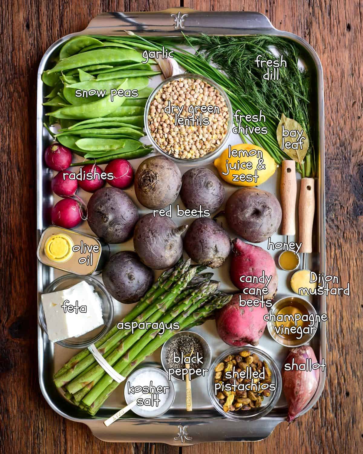 Ingredients for a Beet, Asparagus and Lentil Salad with Feta recipe.