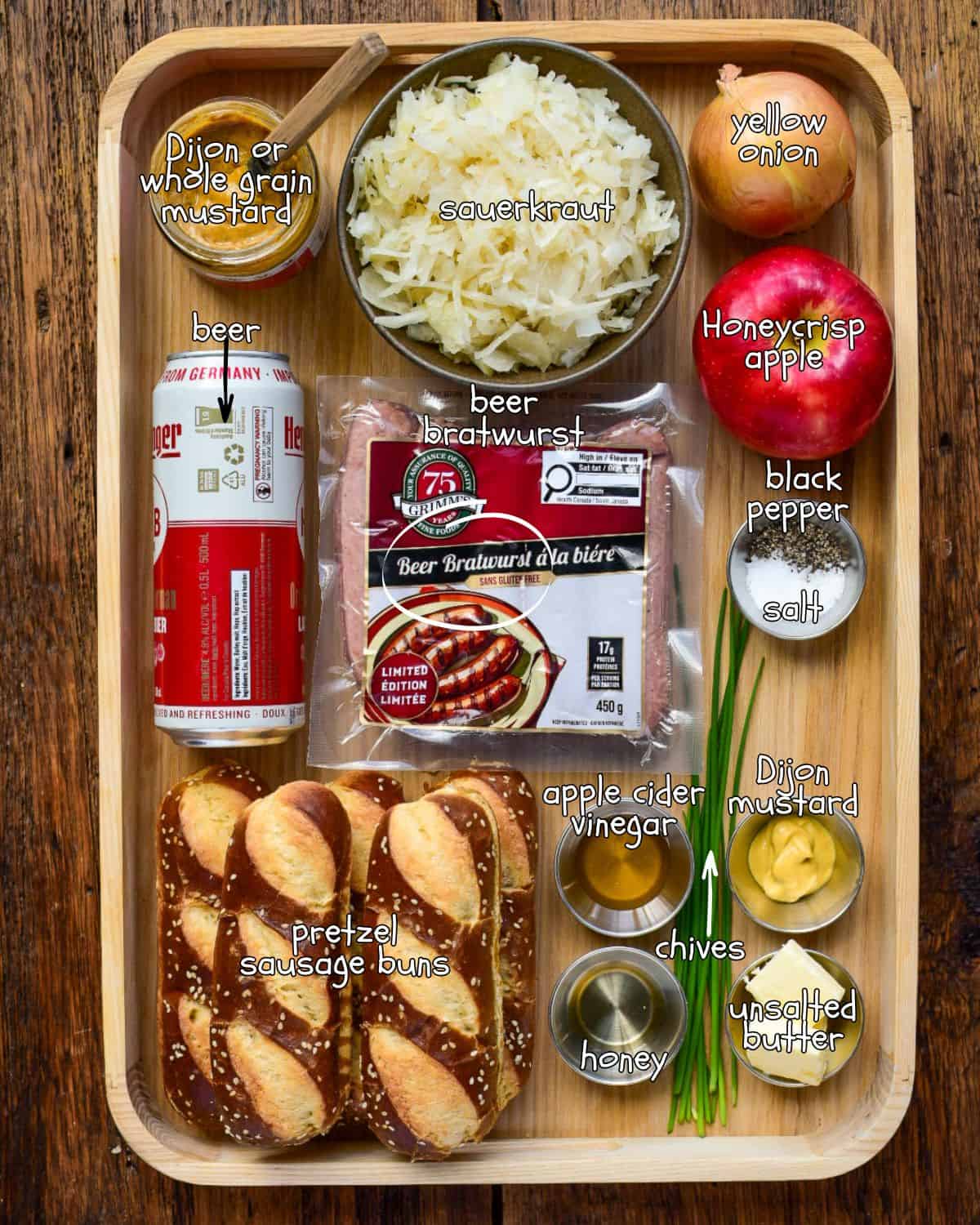 Ingredients for Charcoal Grilled Bratwurst with Pickled Apple & Sauerkraut.