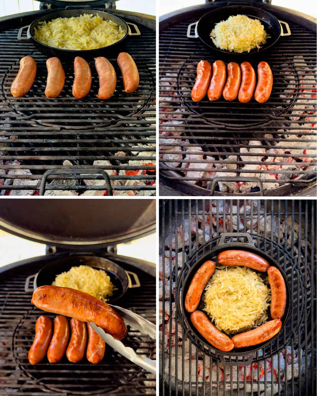 Several grilled Bratwurst cooked over indirect heat.