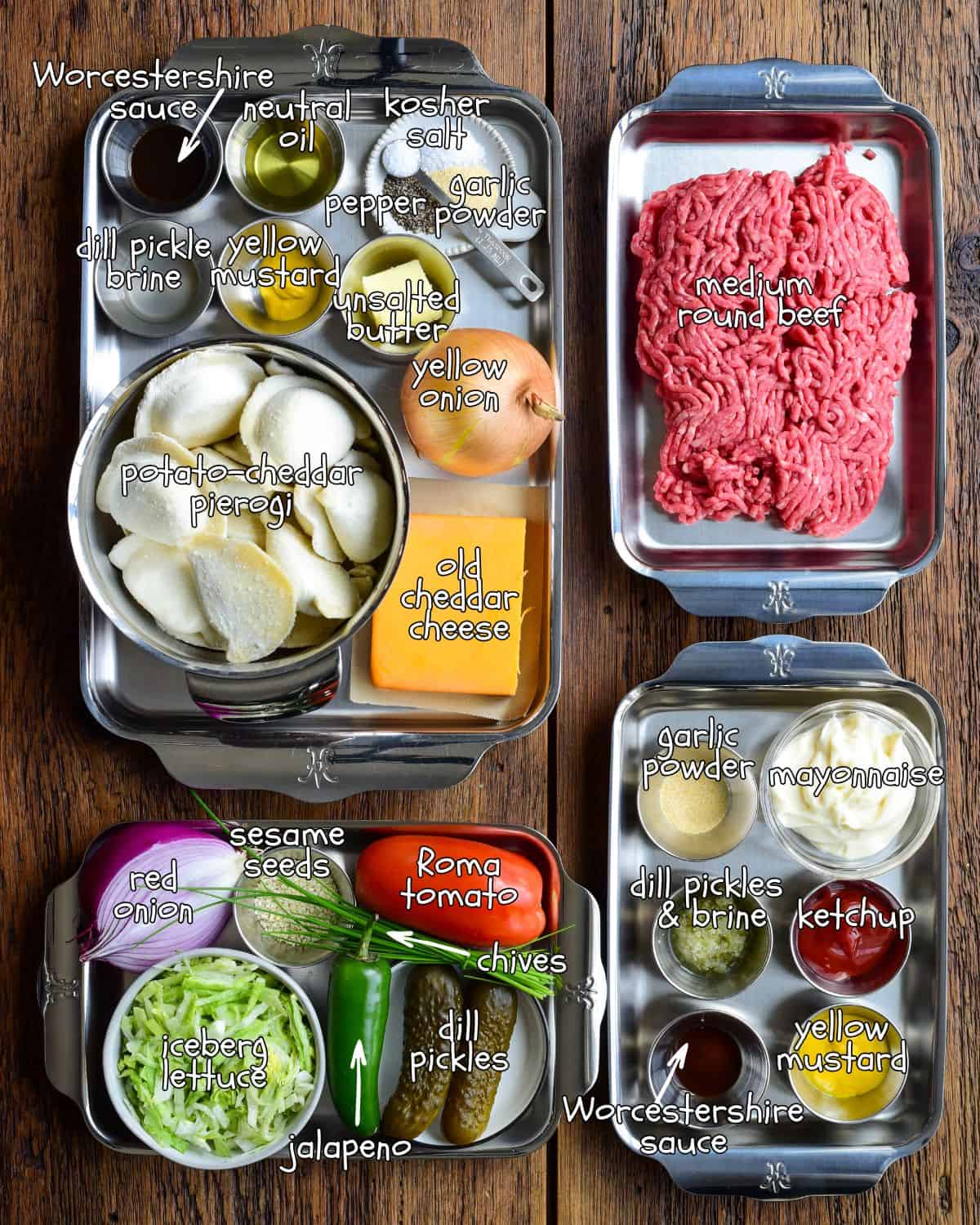 Ingredients laid out for a cheeseburger skillet recipe, a burger sauce recipe and a burger topping recipe.