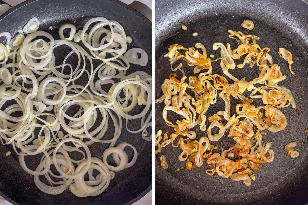How to caramelize onions: before and after.
