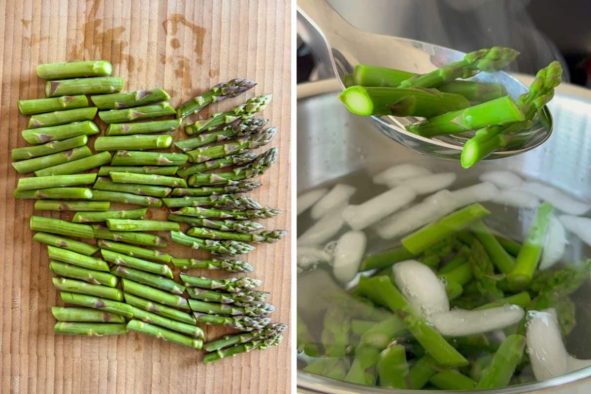 Cut, blanch and place the asparagus in an ice bath.