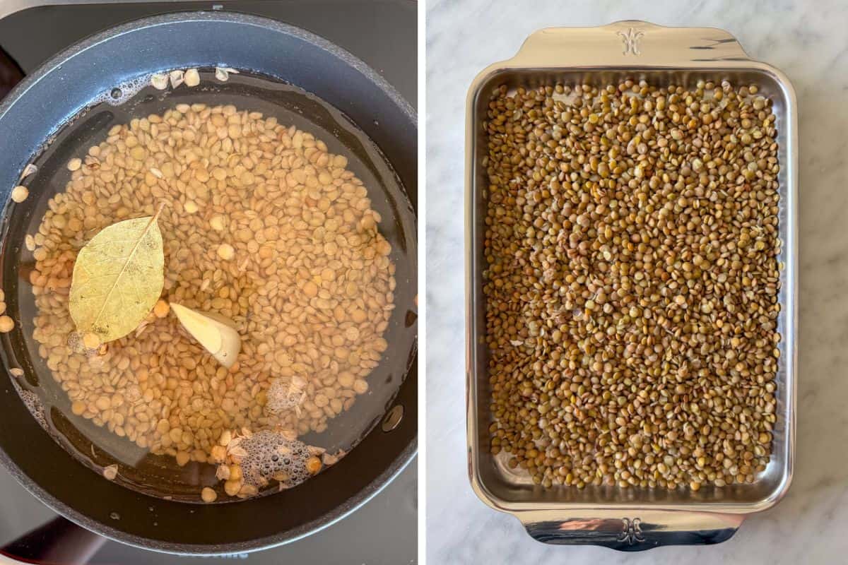 Boil the lentils with crushed garlic and a bay leaf.