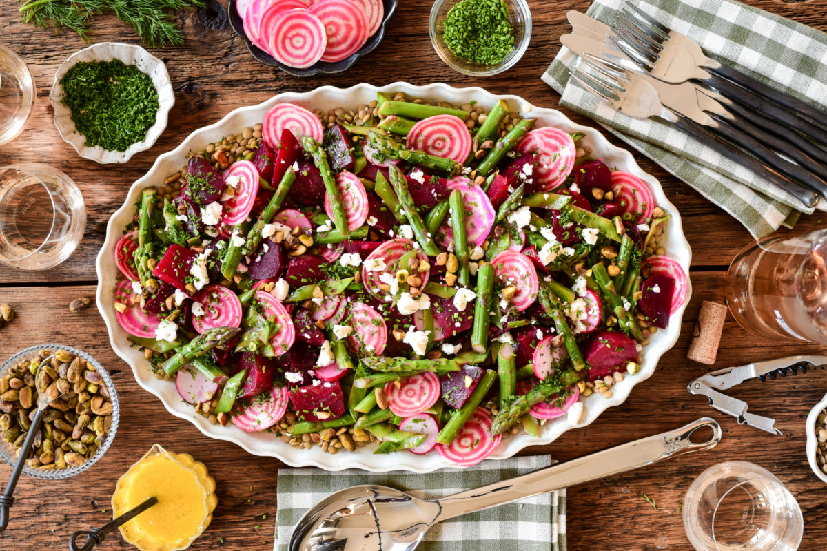 A colorful spring beet and lentil salad. Loaded with crisp asparagus, candy cane beets and feta.