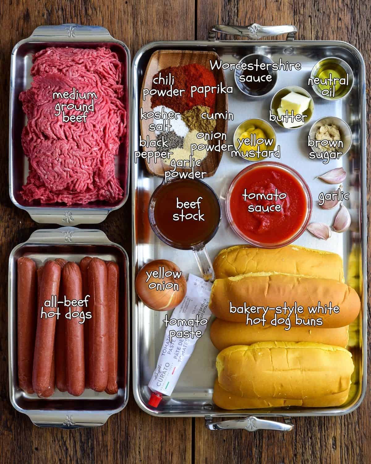 Ingredients for homemade chili cheese dogs.
