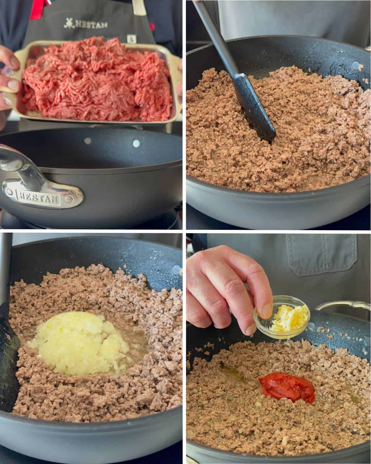 Place the ground beef in a pan and start breaking it up as it heats. Next, add the onions, tomato paste and garlic.