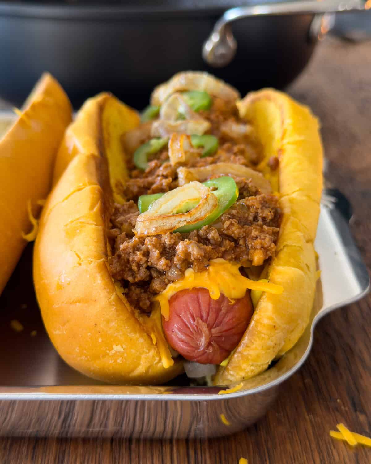 A loaded chilli cheese dog.