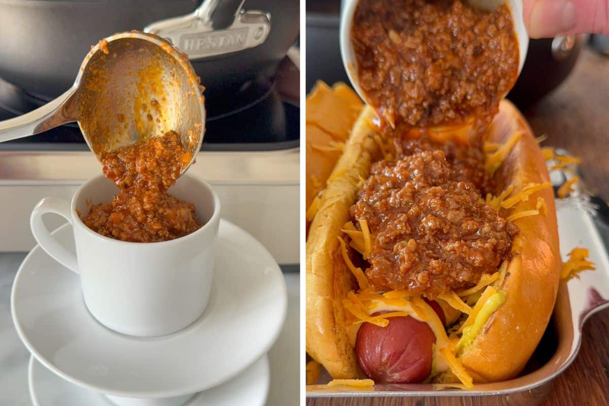 Tableside Pour-Over Chilli Cheese Dogs - tableside pour-over chili