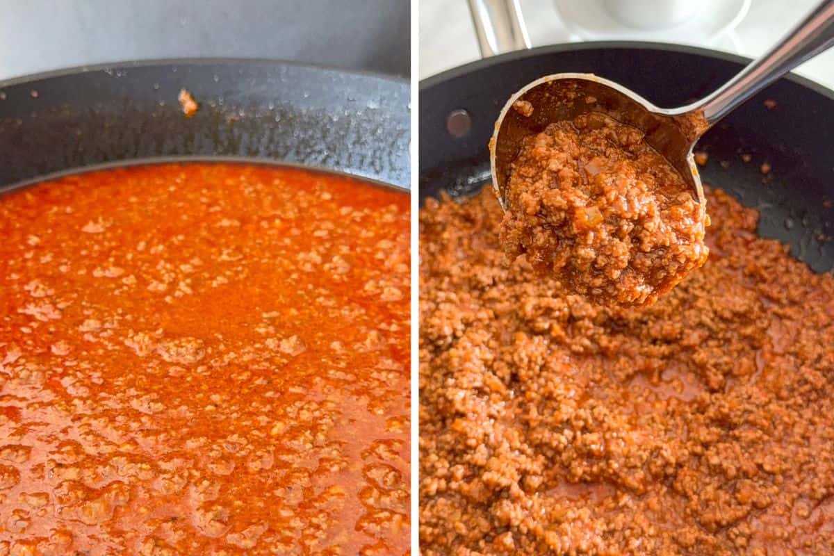 Simmering hot dog chili before and after images.