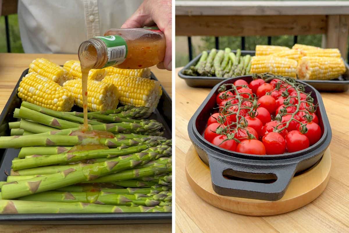 Prep the veggies for the grill. Brush the asparagus, corn and cherry tomatoes with the dressing.