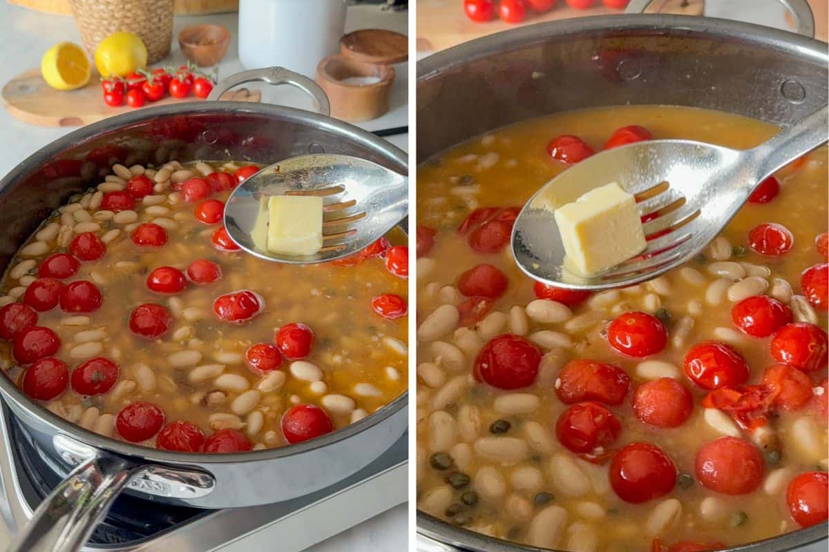 Emulsify the shrimp picatta sauce with one tablespoon of cold butter at a time.