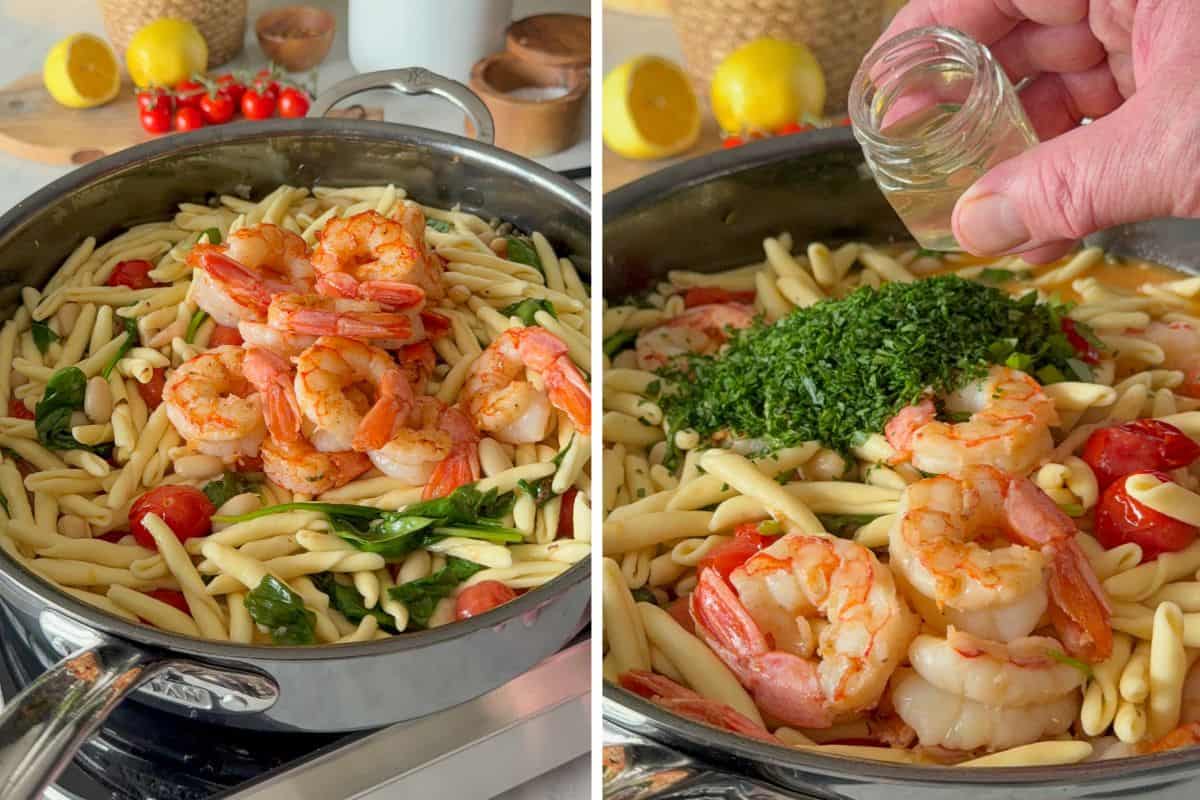 Add the shrimp, herbs and brine to the pasta piccata.