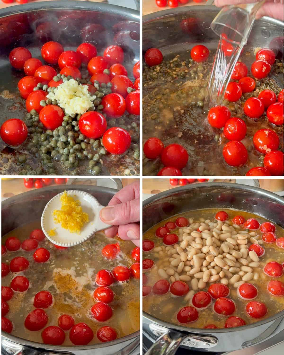 Build the picatta suace and add the garlic, capers, wine, lemon juice and zest and beans.
