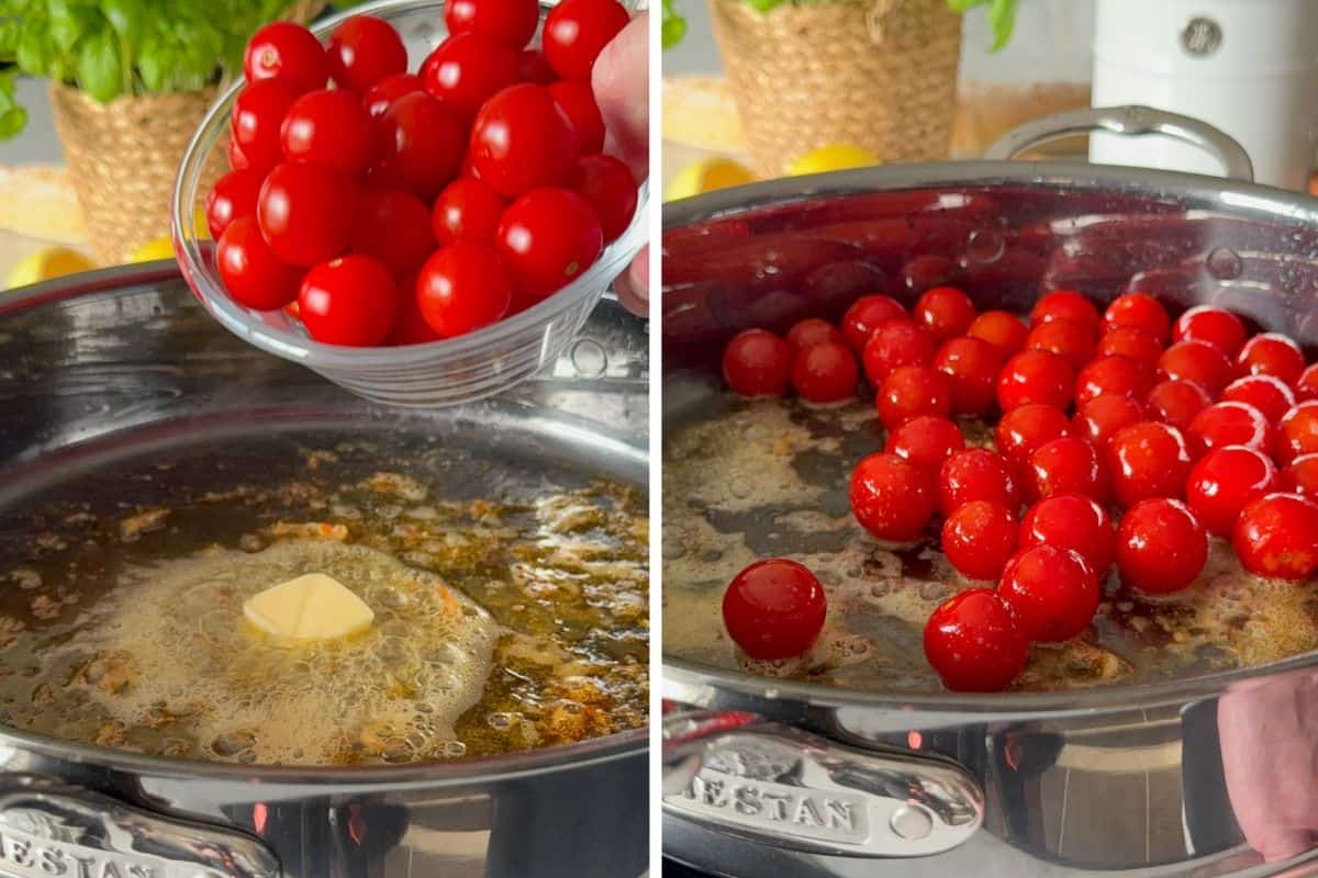 Place the cherry tomatoes in the pan with butter and olive oil to burst and blister.
