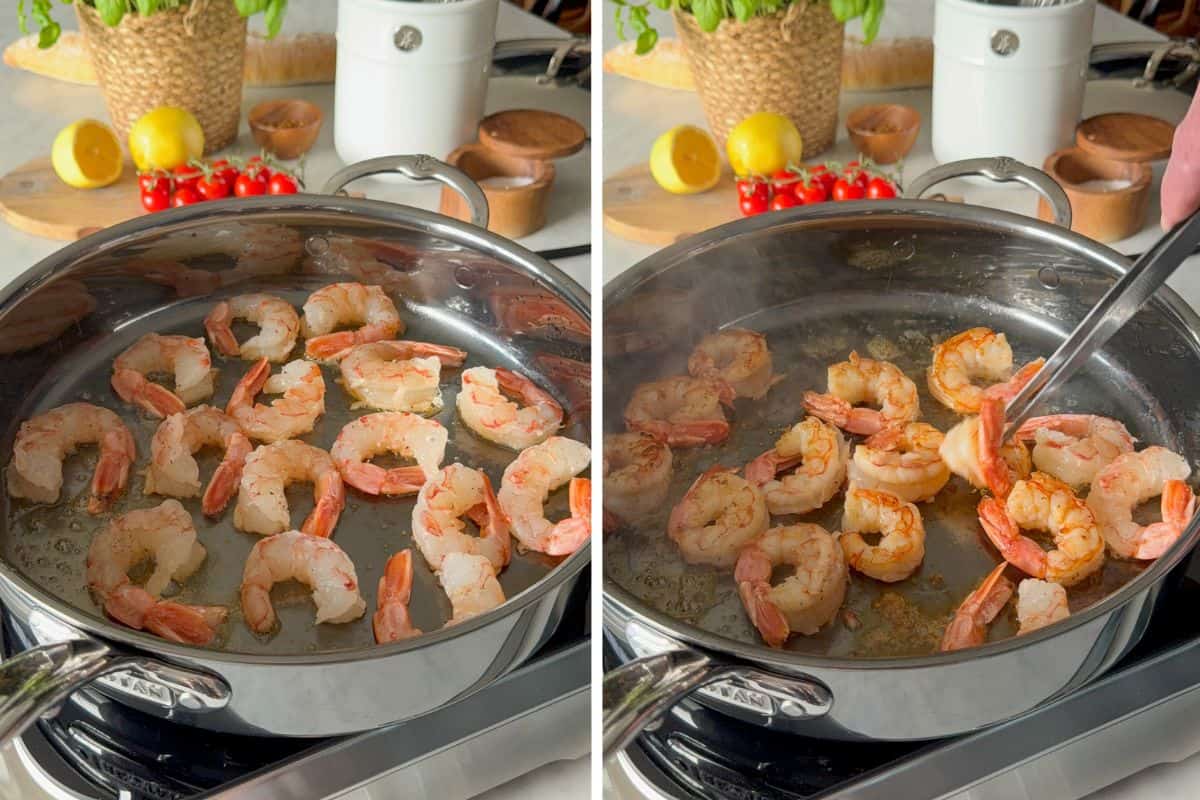 Sear the shrimp in a pan in a single layer.