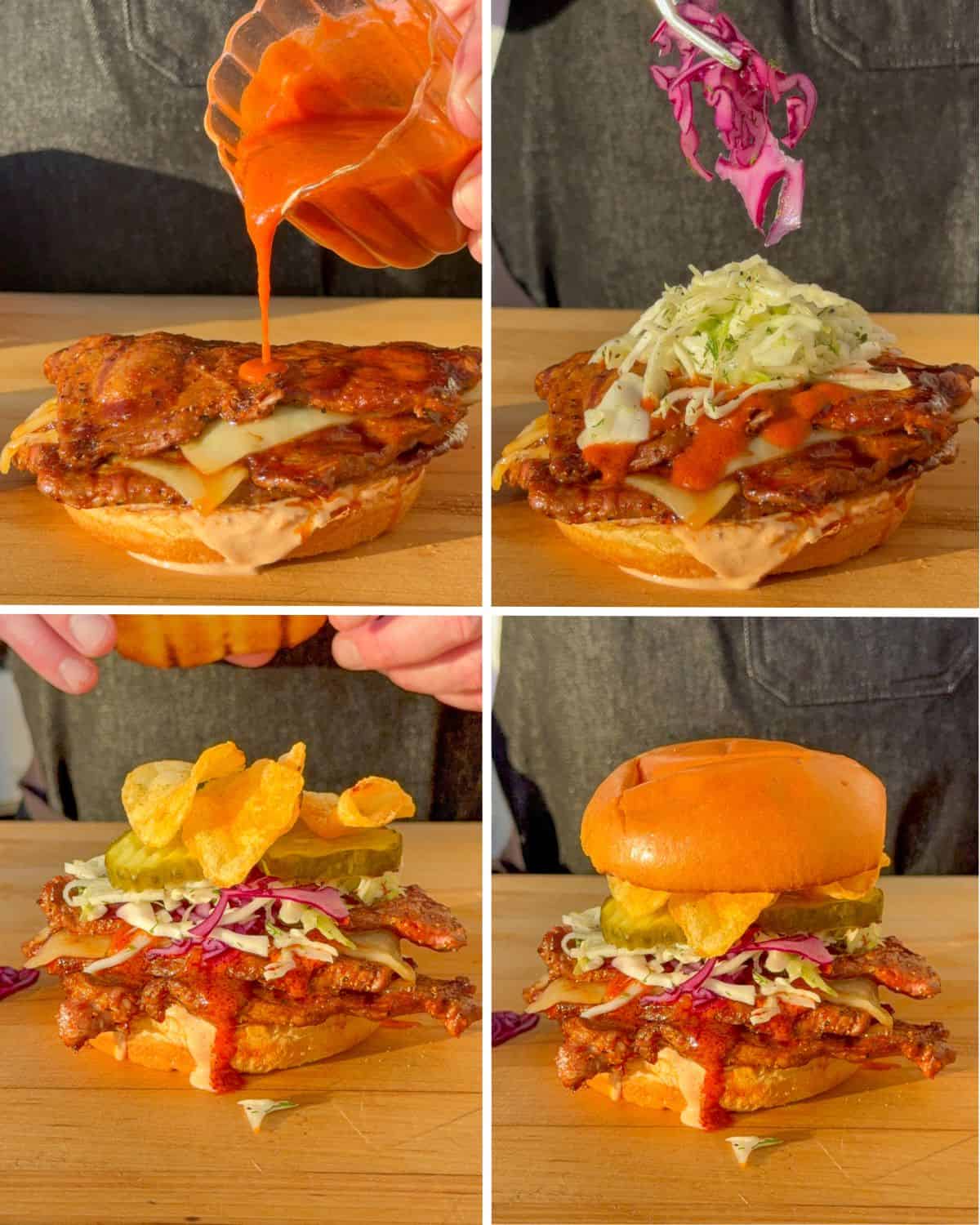 Assemble the Nashville Hot honey veal cutlet sandwiches.