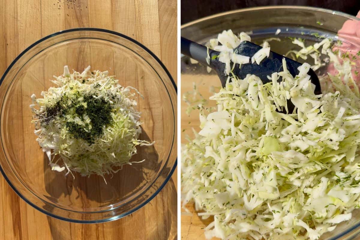 Mix the cabbage slaw ingredients in a bowl.