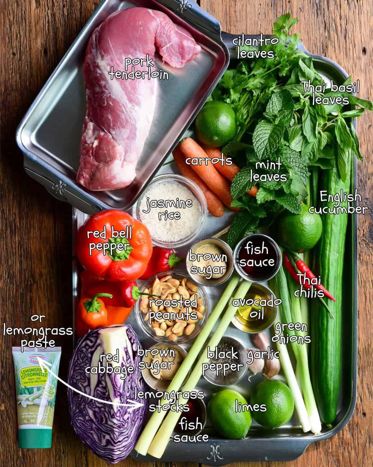 Ingredients for a Spicy Thai Pork Tenderloin Crunchy Herb Salad recipe.