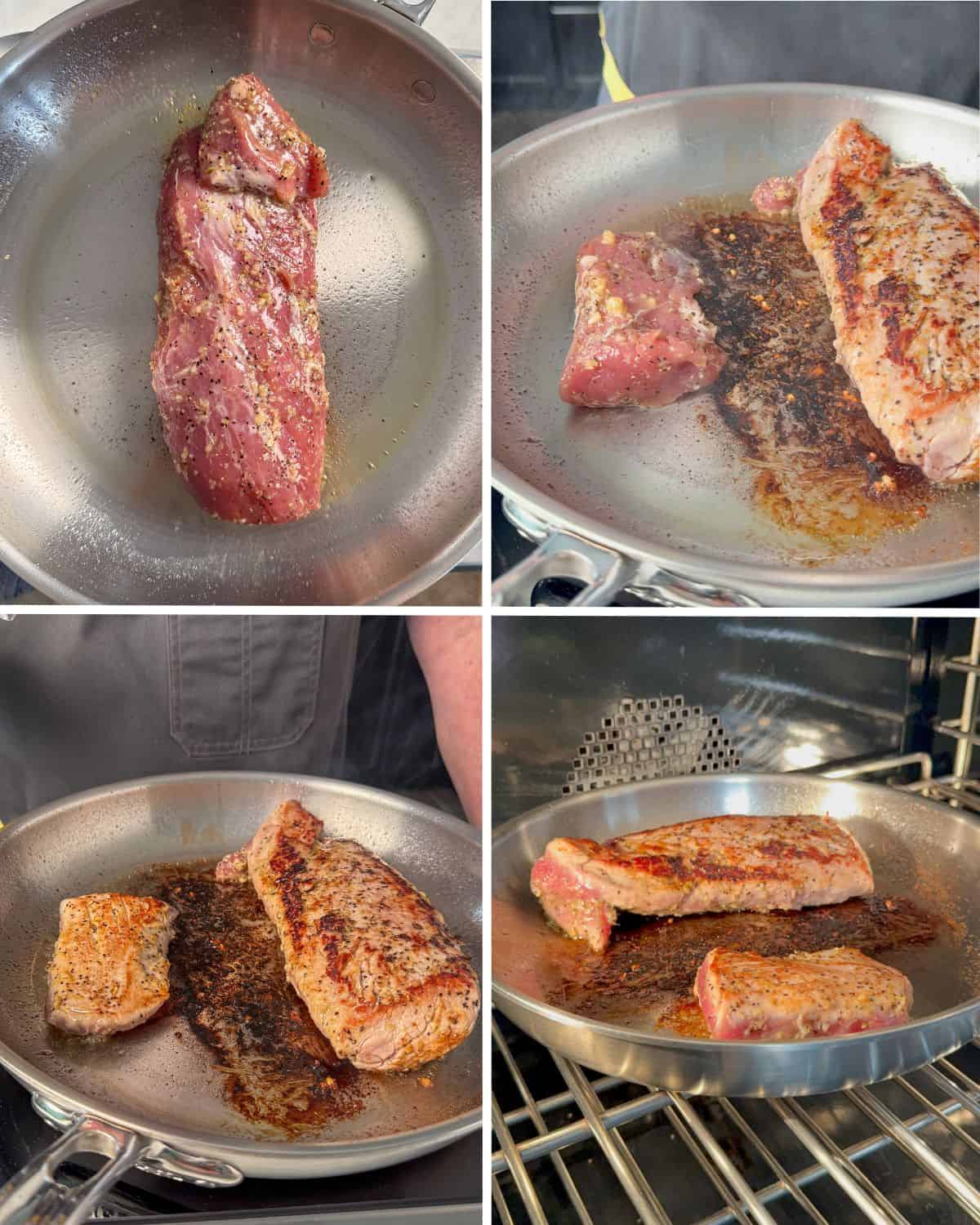 Sear the pork tenderloin in the pan on all sides before cooking it in the oven.