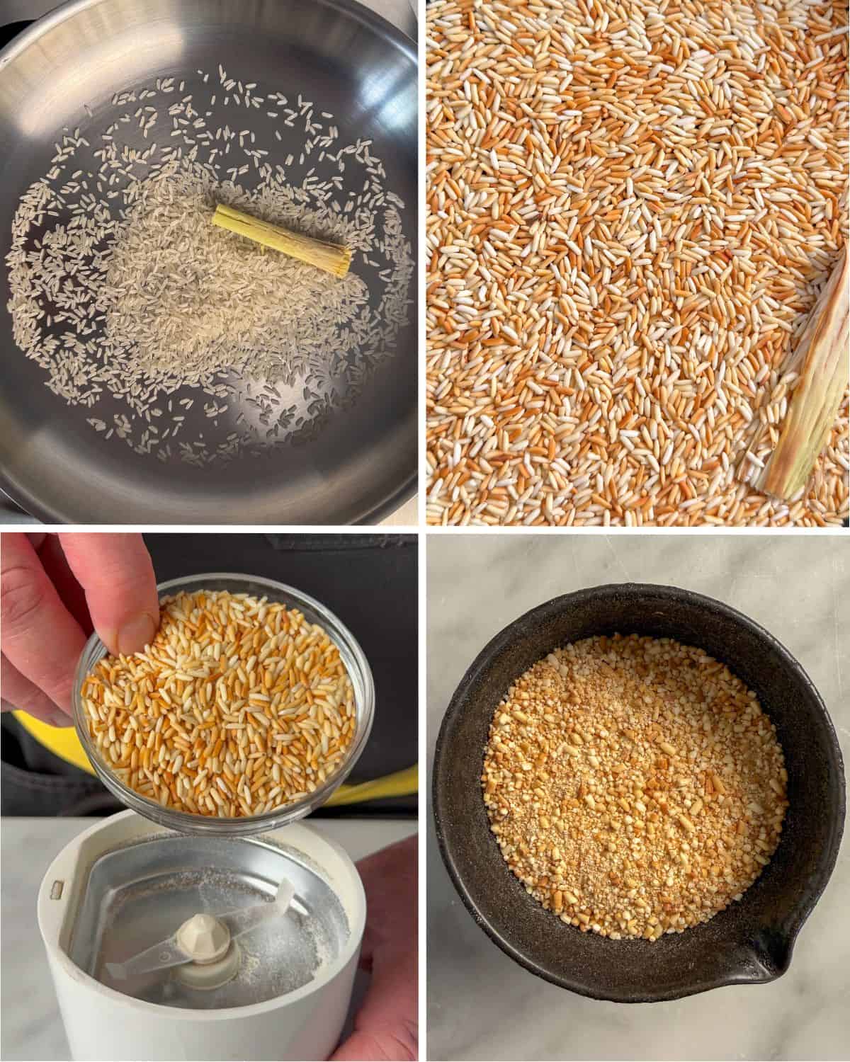Steps on how to make toasted rice powder.