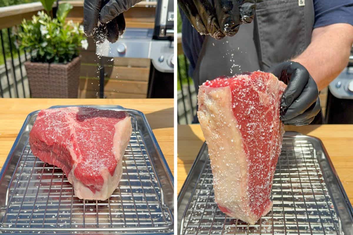 Season the t-bone steak generously on all sides.