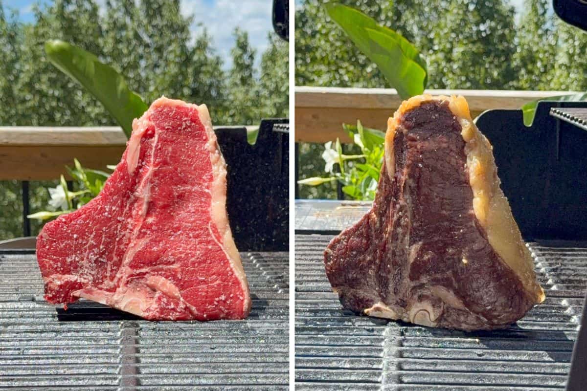 A large t-bone steak balancing on the bone upside down on the grill, before and after the slow cook.